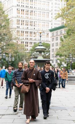 Brother True Dharma Fulfillment leads a sit-in near City Hall