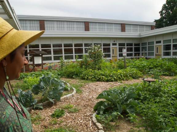 Principal Ferzeen Shamsi in the courtyard garden at Claremont Elementary, Ossining NY.