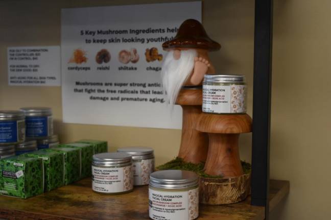 A shelf display at Sustainafillery features Magical Hydration Facial Cream, one of Allyn’s best-sellers, which includes five different fermented mushrooms.