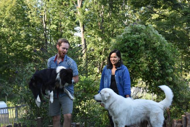 ‘The land wants to be visited’ Pat Scott and Soham Dhesi with dogs Kimchi and Pickles. Fermentation is a major theme on their homestead.