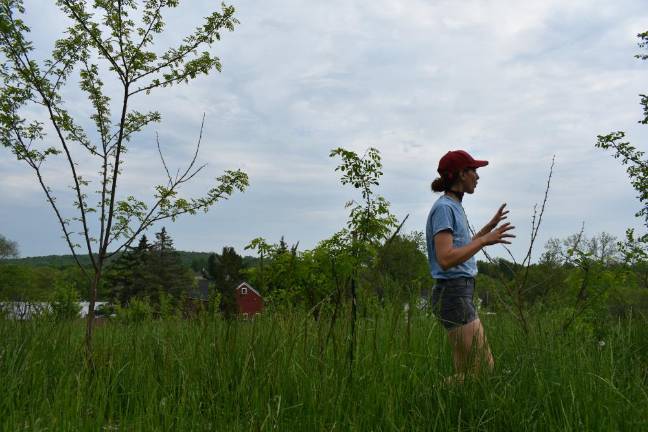 Alix among her young trees, explaining the vision.