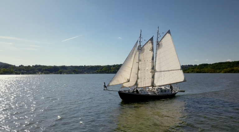 The Apollonia sailing down the Hudson toward rondout Lighthouse in Kington.