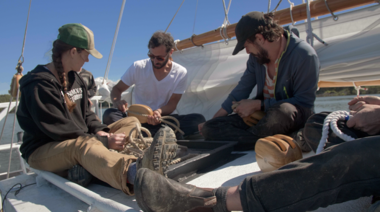 Tianna Kennedy, Sam Merrett and Clement Duval preparing for the first sail.