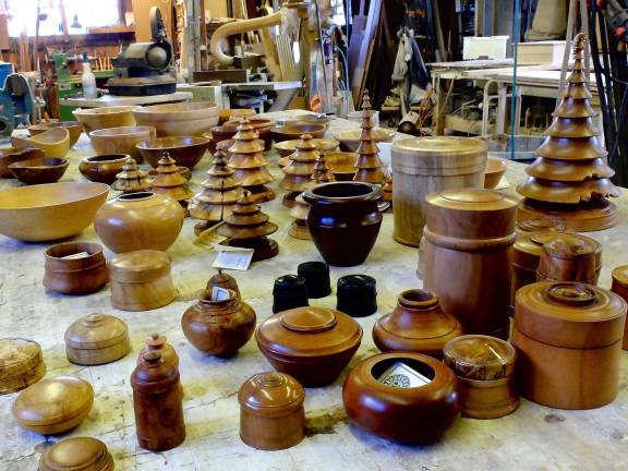 Turned wood boxes, bowls, Christmas trees