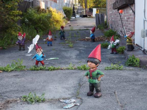 Leu’s spirited, nomadic litter-picking gnomes go about their work with a faint sadness that comes from encountering our lack of care for the environment.