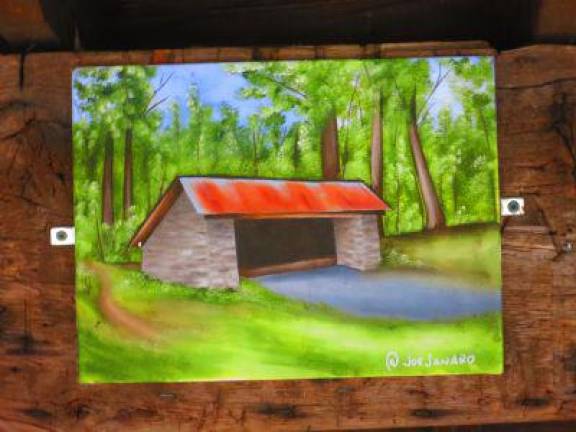 Painting of Mashipacong Shelter by Joe Janaro, mounted inside Mashipacong Shelter, along the Appalachian Trail in Sussex, N.J.