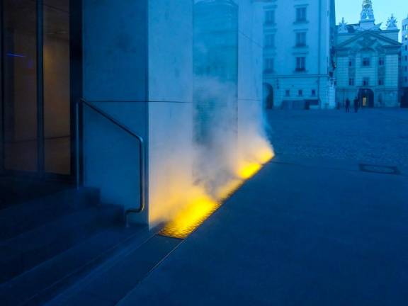 <i>Yellow Fog</i> installation by Olafur Eliasson at the Am Hof square in Vienna, Austria in June, 2016.<i> Yellow Fog</i> debuted in New York City in 1998.