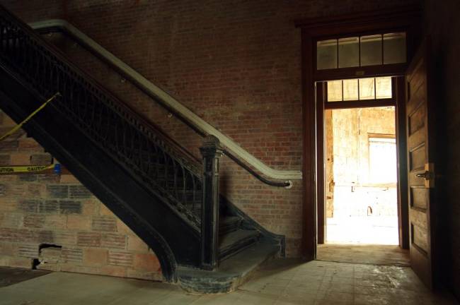 A staircase in the Thorne Building, which is mid-rehab.